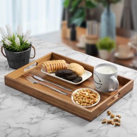 2 Pack Acacia Wood Serving Tray with Handles - 17 Inch Large Wooden Tray for Ottoman, Breakfast in Bed, Dinner, Coffee Table