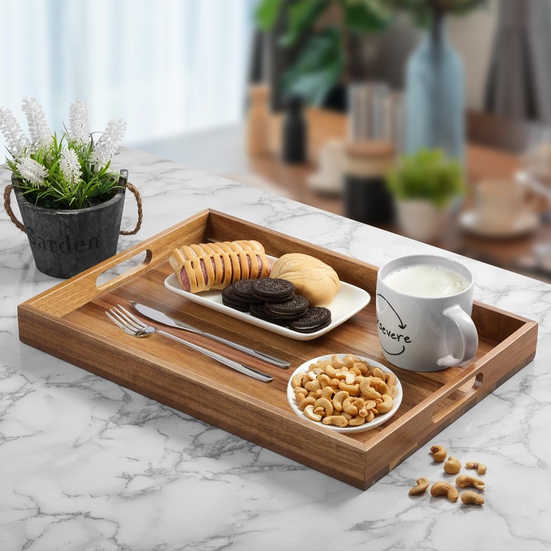 2 Pack Acacia Wood Serving Tray with Handles - 17