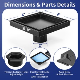 Bernkot Square Shower Drain 6" with 2" PVC Flange Base, 304 Stainless Steel Tile in Floor Drain w/Tiled Insert Grate & Hair Catcher, CUPC Certified(Matte Black, 6'')