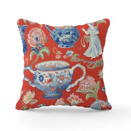 BRUYU5SE Chinoiserie Monkey Decor Ginger Jar Red Pillow Cover Coral Peony Porcelain Pillow Covers 18x18 INClassic Accent Outdoor Garden Decoration for Patio Funiture Garden