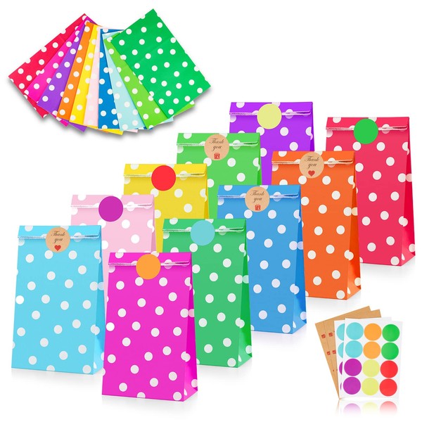 Leenou Paper Bags, Pack of 20 Colourful Gift Bags with 48 Stickers, Candy Bags for Wrapping, Gifts, Birthday, Children's Birthday, Wedding, Party Bags, Gift Bags, Party Accessories