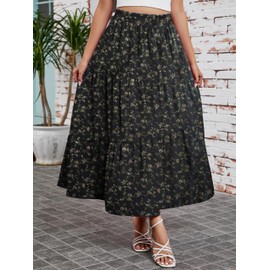 Timuspo Maxi Skirts for Women UK Summer Boho Ruched Elastic Long Pleated Plus Size Skirt Flowy Swing with Pockets Flower Leave Black L
