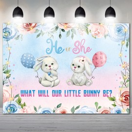 7x5ft Bunny Gender Reveal Backdrop He or She Gender Reveal Decorations Pink or Blue Floral Rabbit Spring Easter Photography Background Photo Banner Baby Shower Party Backdrop Supplies Favors