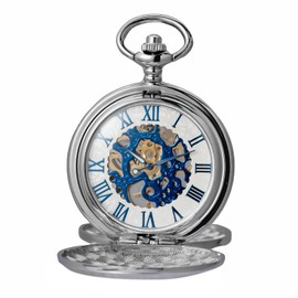 DerMacht Mechanical Roman Numerals Dial Black Silver Skeleton Pocket Watches with Box and Chains for Mens Women with Antique Wooden Box