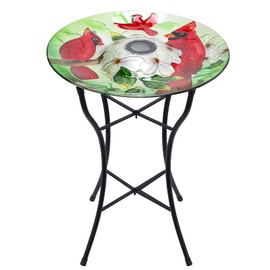 MUMTOP Glass Bird Baths for Outside, 16 Inch Width Outdoor Garden Red Cardinals Bird Bath Bowl with Solar Light and Metal Stand, Large Glass Birdbaths Bird Feeder for Yard Decor, 20 Inch Height