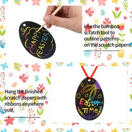 VEYLIN 30 Pieces Easter Scratch Art Egg Decorations, Easter Scratch Papers with Ribbons for Kids Party Bag Fillers