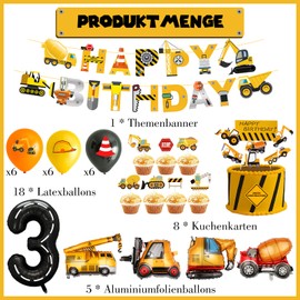 Digger Birthday Decoration 3 Years - 32 Pieces Construction Sites Happy Birthday Banner Crane Concrete Mixer Foil Balloons for Decoration for Children's Birthday Construction Site Birthday Baby Shower