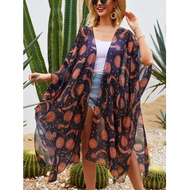 Hibluco Women's Fashion Chiffon Floral Kimono Cardigan Long Swimwear Cover Ups