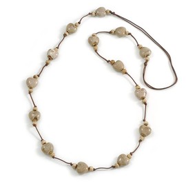 Avalaya Antique White Ceramic Heart Bead Brown Silk Cord Long Necklace/90cm L/Adjustable/Slight Variation In Colour/Natural Irregularities