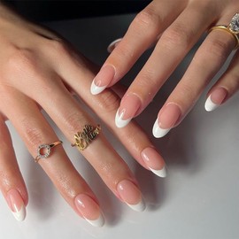 24Pcs White French Tip Press on Nails Medium Fake Nails Almond Tips Acrylics Nails Full Cover White French False Nails Daily Wear Artificial Nails Glue on Nails for Nail Art Manicure Decoration