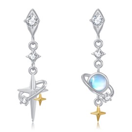 Moon Star Moonstone Earrings 925 Sterling Silver Eight-Pointed Star Earrings Rainbow Jewellery for Girls Mother Daughter Ladies Girlfriend, Sterling Silver, Moonstone