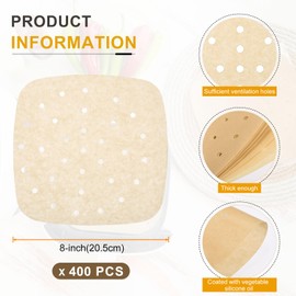 HARFINGTON 400pcs Air Fryer Liners 8 Inch Square Bamboo Steamer Liners with Holes Non-Stick Perforated Parchment Paper Sheets Disposable Steamer Paper for Air Fryers Steaming Basket, Brown