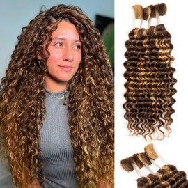 26 Inch Human Braiding Hair Deep Water Wave 4 Bundles/Pack 100g, Chololate Brown to Honey Blonde Human Bulk Hair Braiding for Boho Braids