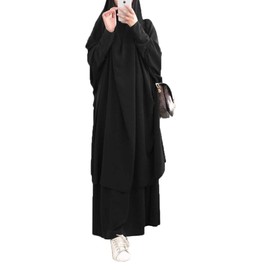 Muslim Solid Colour Loose Two Piece Prayer Dress Full Cover Hooded Islamic Abaya Kaftan with Hijab Conservative Clothing Prayer Dress Ramadan for Ethnic, Evening, Party (Black), black