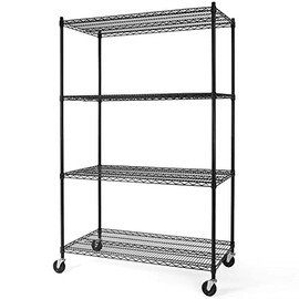Fencer Wire 4-Tier Commercial Grade Heavy Duty Adjustable Height Wire Shelving w/ Casters & Leveling Feet, Garage Shelving Storage Organizer, Storage Metal Steel Shelf, Utility Storage Shelf, Black.