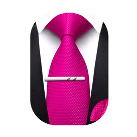 Barry.Wang Hot Pink Boys Tie School Pre-Tied Kid Necktie Handkerchief Clip Set Uniforms Child Ties for 8-14 Years Wedding Plaid