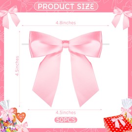 Neptniopllab 50 Pieces 4.5 inches Pink Twist Tie Bows, Pre-Tied Satin Ribbon DIY Twist Bow with Twist Tie Large Pink Gift Bows for Gift Wrapping Birthday Wedding Baby Show Party