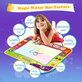 JAYSRIS Wasser Doodle Matte,Wasser Zeichnen Malmatte mit 3 Magic Stifte und Stempelset,Aqua Drawing Painting Matte für Kinder Baby Toddler(80x60cm)