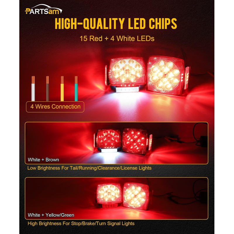 Partsam Pair Slim Square LED Trailer Light Submersible Tail Lights