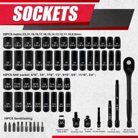 61pcs 3/8" Socket Set, Drive Deep Impact Socket Set, Including 3 ", 6" Impact Extension Bar, Standard SAE (5/16 to 3/4”) and Metric (8mm-22mm), Sandblasting,Impact Coupler,RatchetHandle,Cr-V Steel