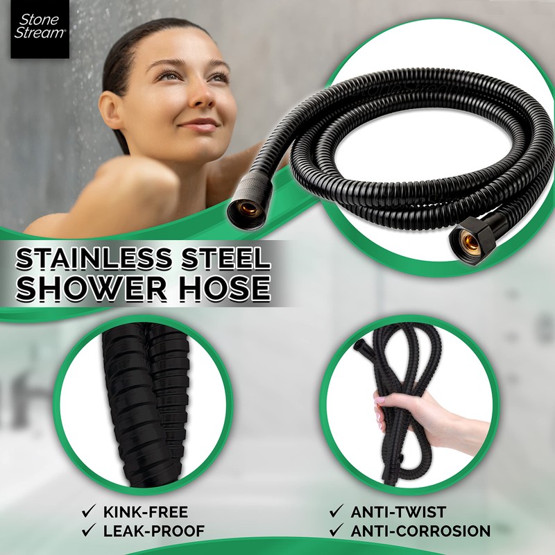 Original StoneStream Universal Shower Hose Black -Replacement Hose with Standard
