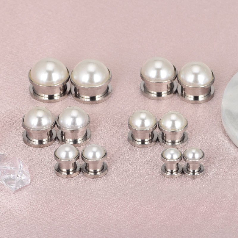 Qmcandy 2pcs Stainless Steel Pearl Ear Tunnels Double Flared Screw