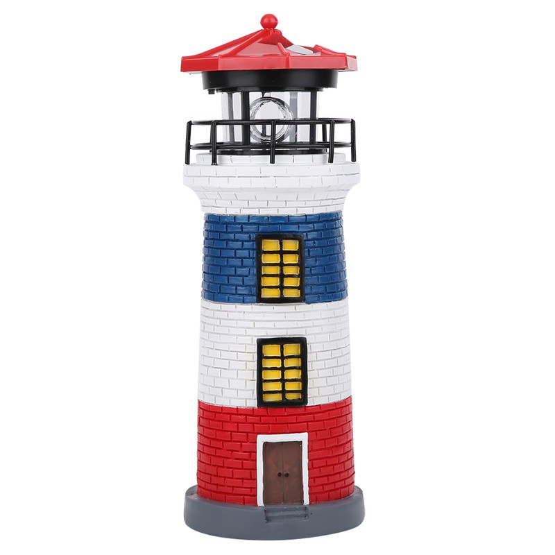 LED Solar Power Lighthouse Statue Rotating Outdoor Light Garden Yard