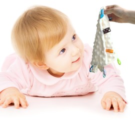 CREVENT Tag Security Blankets for Babies, Soft Small Loveys for Girls, Baby Comforter Sensory Blanket, Great Gifts for Birthday Baby Shower 10"X10" (Ivory + Pink)