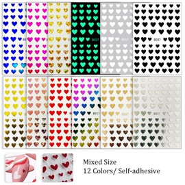 12 Sheets Heart Nail Art Stickers 3D Self Adhesive Nail Stickers Design Colorful Laser Glitter Love Heart Element Nail Decals Supplies,Valentines Day Nail Art Decoration for Women Girls Nail Decor