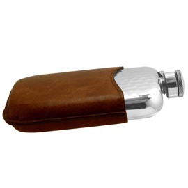 English Pewter Company 6oz Hammered Pewter Hip Flask With Captive Top and Luxury Brown Leather Pouch [PLF04]