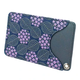 Indenya 8006 Pass Case, Thin, Deer Leather, Misono, Hydrangea Pattern, Navy Blue Base, Purple Chisa x Gray Lacquer, Navy, Purple, Grey