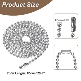 HARFINGTON Stainless Steel Ball Chain 2.4mm 25.6" Length 316L Round Bead Necklace Dog Tag Pull Chains with Connectors Clasps for Men Women Jewelry Making Bracelets Keychain, Silver