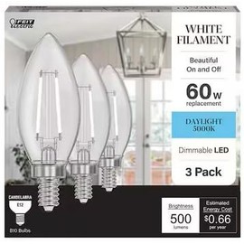 Feit Electric B10 E12 Candelabra LED Light Bulb, Clear Glass, Daylight 5000K, Dimmable, 60-Watt Equivalent, 3-Pack