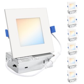 HONZIN Square LED Recessed Lighting 4 Inch, 5CCT Ultra Thin Led Recessed Ceiling Lights 6 Pack, Selectable 2700K/3000K/3500K/4000K/5000K, 9W, IC Rated, Dimmable Square White Trim with Junction Box