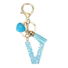 PATIKIL Alphabet Initial Letter Keychain, Resin Cute Keychains with Tassel Heart Letter V Pendant Charm for Women Key Purse Handbag Bag Accessories, Blue