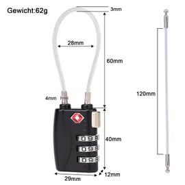 NBYT TSA 3 Digit Combination Lock Steel Wire Diameter 3mm Suitable for Suitcases, Backpacks, Drawers, Cabinets, Motorcycle Helmets, Bicycle Baskets