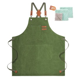 ZOMAO Cotton Canvas Cross Back Apron for Men and Women,Chef Apron With Adjustable Strap and Large Pockets,Kitchen Cooking Baking Bib Heavy Duty Work Apron(Army green)