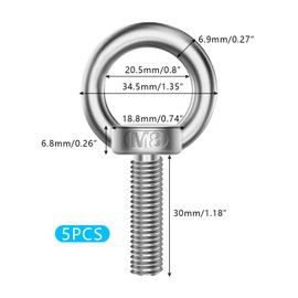 Pack of 5 M8 Eye Bolts, 304 Stainless Steel Eye Bolt, Ring Eye Bolt, Round Eye Bolt, Ring Nut Stainless Steel, Eye Nuts Hardware Eye Bolts, for Roll of Attachment and Hanging, 30 mm Length