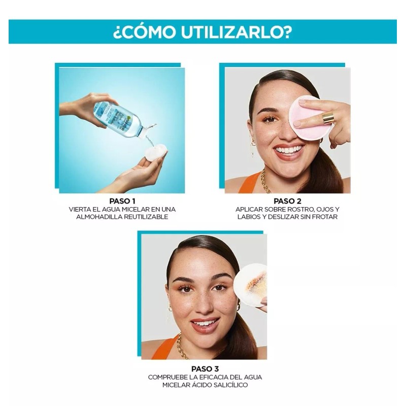 Agua Micelar Ácido Salicílico Desmaq 400ml Acné Garnier Azul