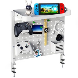 ARES WING Desk Clamp On Pegboard with 16 inches Organizer Shelf, Adjustable Above or Under Desk Storage Shelf Holds 44 lbs, Magnetic Metal Peg Board for Office and Gaming Accessories, White