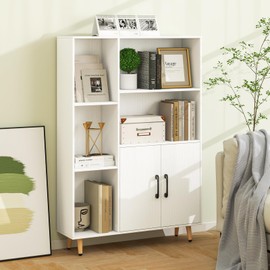 LOKO 47" Storage Cabinet, Bookcase with Double Doors, Modern Floor Bookshelf with 5 Open Compartments & Storage Cabinet, Freestanding Display Cabinet with Metal Legs, Storage Organizer for Living Room