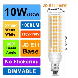 TZHILAN JD E11 LED Bulb Dimmable, E11 120V 100W Halogen Equivalent, T3/T4 Mini Candelabra Base, 10W 1000 LM E11 Bulbs for Ceiling Fans, Chandeliers, Cabinet Lighting, 3000K Warm White, ‎2 Pack