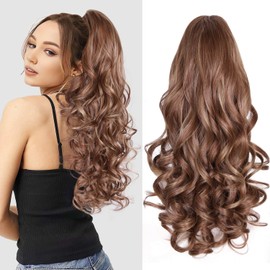 24 Inch Ponytail Extension, Layered Ponytail Extensions for Women, Soft Wavy Claw Clip in Ponytail Extension, Natural Synthetic Hair Pieces for Women (Color: Light Brown With Blonde Highlights)