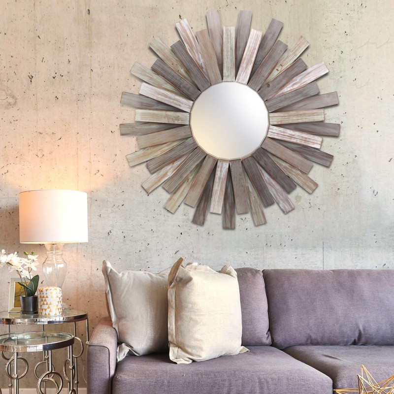 Stonebriar Large Round 32" Wooden Sunburst Wall Mirror with Attached