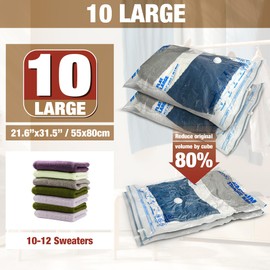 Vacuum Storage Bags, 10 Large Space Saver Vacuum Seal Bags, Space Bags for Clothes, Blankets, Bedding (10L)