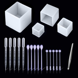 Woohome 4 PCS Square Resin Mold Cube Jewelry Silicone Casting Mold Tools Set Included 4 Size Silicone Resin Mold, 15 PCS Plastic Making Tools and 1 PCS Tweezers for DIY Making