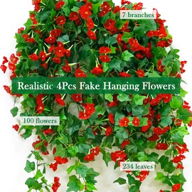 VOELIGT 4 PCS Faux Hanging Plants Outdoor Artificial Hanging Red Flowers for Outdoors Faux Outdoor Plants for Planters Look Real for Outside Home Indoor Porch Patio Yard Decor