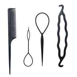 Ruwado 4 Pcs Hair Tail Tools with Hair Comb French Braid Tool Loop Plastic Black Hair Braiding Tool Styling Accessories Hair Pull Through Tool for Girls Women Long Curly Straight Hair (Black)