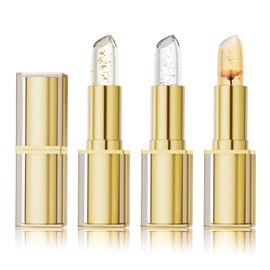 3PC Transferproof Color Changing Lipstick with Gold Foil, Transparent Gold Crystal Colors Changing Lipsticks, Long Lasting Moisturizer Tinted Lip Balm, Jelly Lipstick Gift Set for Women