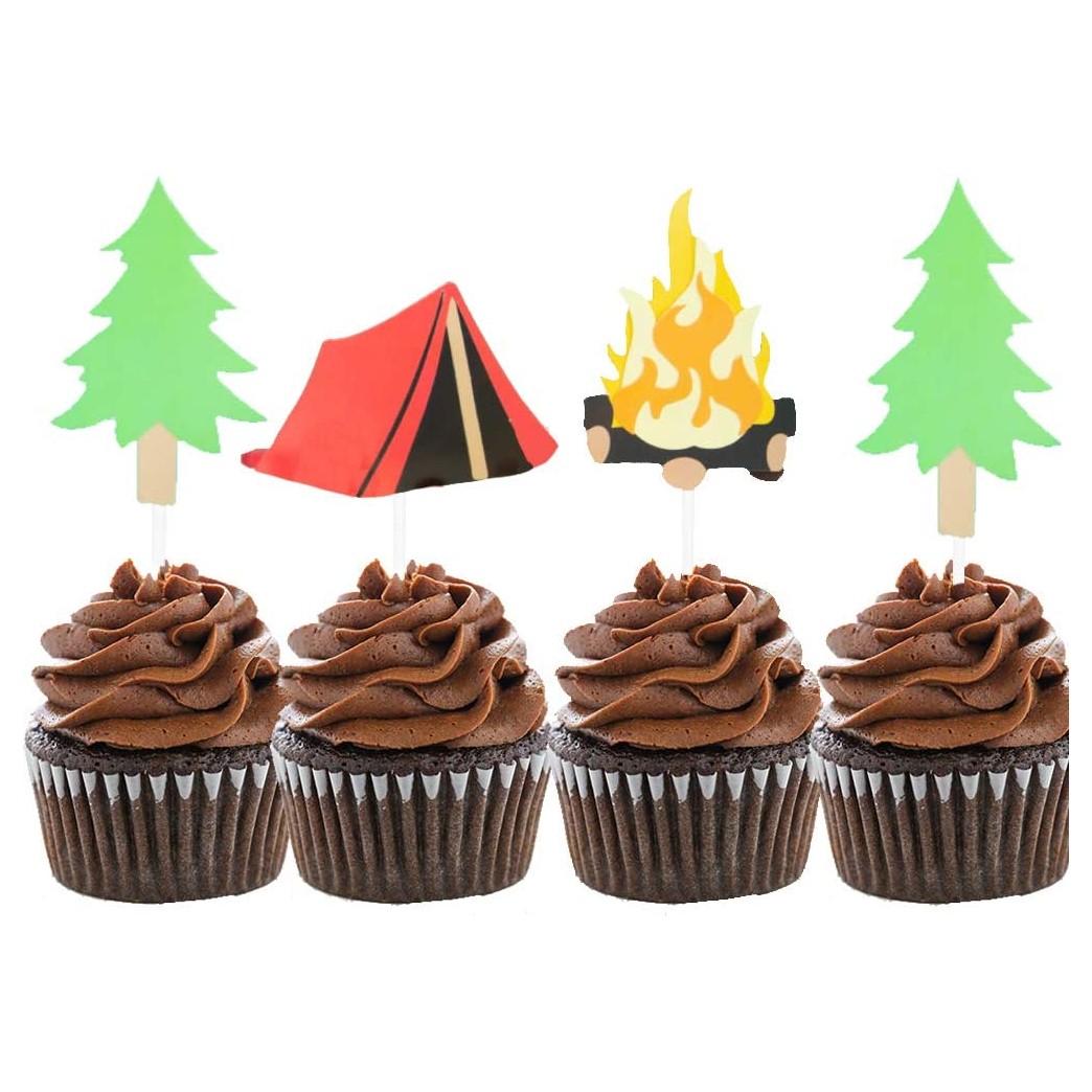 LaVenty Set of 24 Camping Cupcake Toppers Camping Birthday Party Decor Woodlands Party Decor Happy Camper Party Decor Lumberjack Party Decor One Happy Camper Theme Birthday Picks Camp Party Decorations Tent Topper